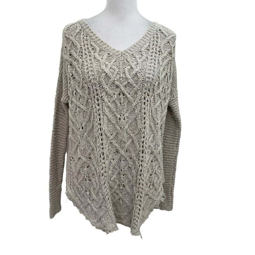 Free People Cable-Knit Raw Hem Distressed V-Neck Sweater Ivory size Small